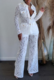 White Sexy Solid Patchwork Buckle See-through Turndown Collar Long Sleeve Two Pieces