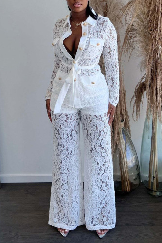 White Sexy Solid Patchwork Buckle See-through Turndown Collar Long Sleeve Two Pieces