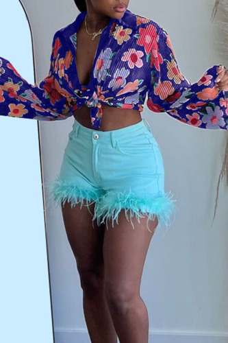 Blue Sexy Print Patchwork Turndown Collar Tops Two Pieces