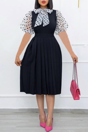 Black Fashion Casual Dot Patchwork With Bow Scarf Collar Pleated Dresses