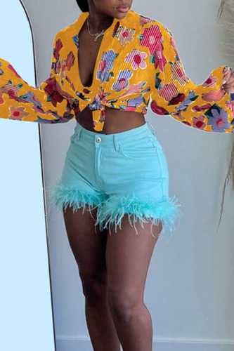 Yellow Sexy Print Patchwork Turndown Collar Tops Two Pieces