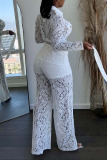 White Sexy Solid Patchwork Buckle See-through Turndown Collar Long Sleeve Two Pieces