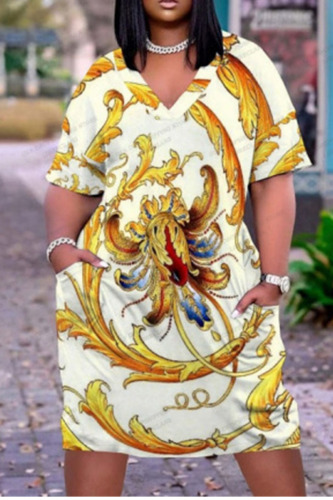 Yellow Casual Print Patchwork V Neck Straight Dresses