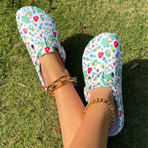 White Fashion Casual Hollowed Out Printing Round Comfortable Shoes