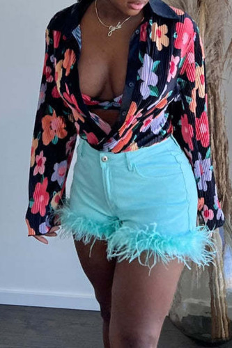 Black Sexy Print Patchwork Turndown Collar Tops Two Pieces