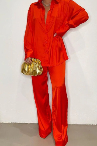 Red Casual Solid Patchwork Buckle Turndown Collar Long Sleeve Two Pieces