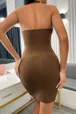 Brown Fashion Sexy Solid Patchwork Backless Halter Sleeveless Dress