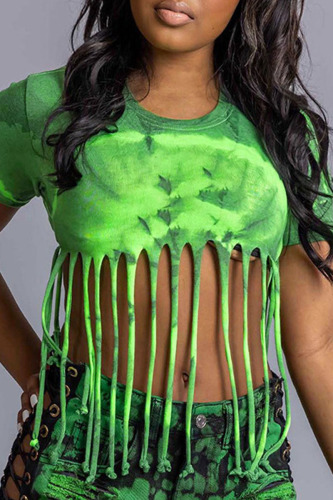Green Sexy Print Tassel Patchwork O Neck Tops