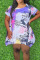 Sky Blue Casual Print Patchwork Asymmetrical O Neck A Line Plus Size Dresses