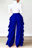 Blue Fashion Casual Solid Flounce Straight High Waist Straight Solid Color Bottoms