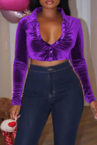 Purple Sexy Solid Patchwork Buckle Turndown Collar Tops