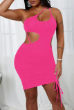 Black Sexy Solid Bandage Hollowed Out Patchwork Asymmetrical Spaghetti Strap Pencil Skirt Dresses