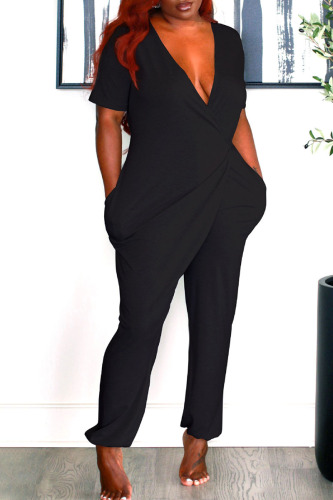 Black Casual Solid Patchwork V Neck Straight Jumpsuits