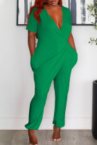 Green Casual Solid Patchwork V Neck Straight Jumpsuits