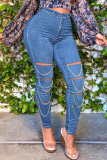 Dark Blue Fashion Casual Solid Ripped Patchwork Chains High Waist Skinny Denim Jeans
