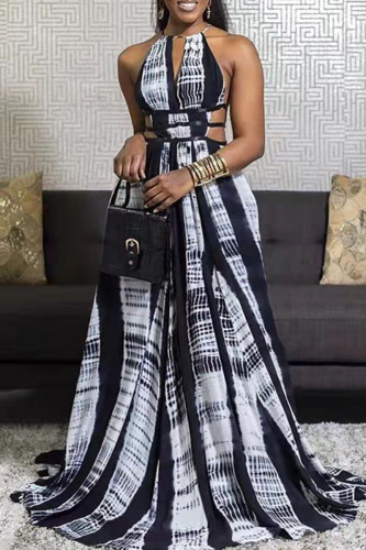 Black Sexy Print Hollowed Out Patchwork Backless O Neck A Line Dresses