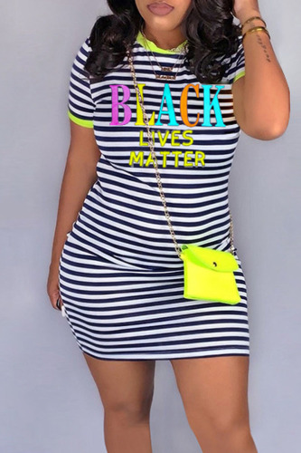 Fluorescent Yellow Casual Striped Print Patchwork O Neck Straight Dresses