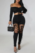 Black Sexy Solid Bandage Hollowed Out Patchwork Off the Shoulder Long Sleeve Two Pieces