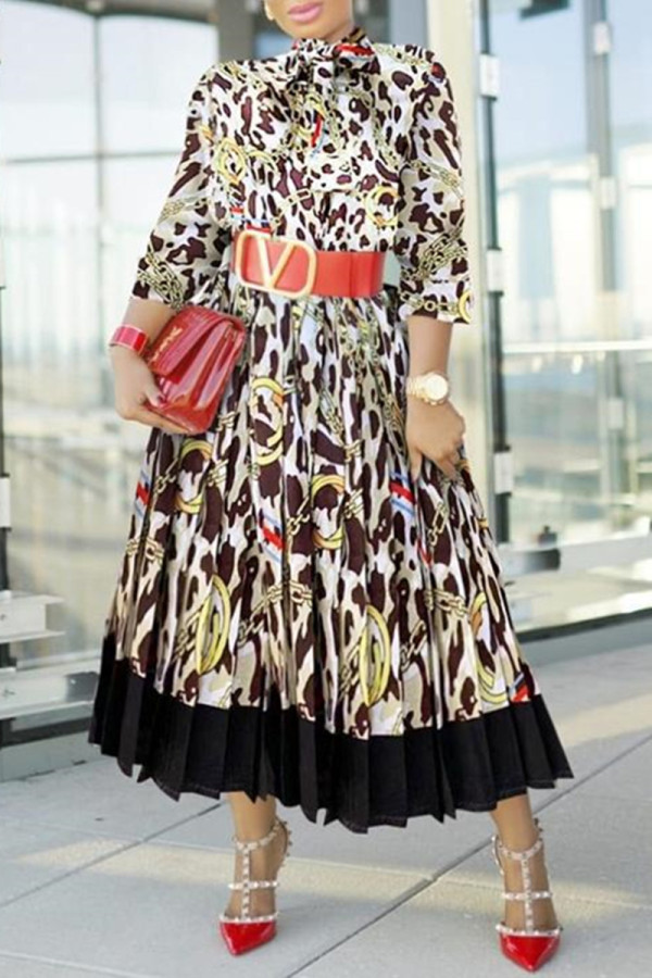 Multicolor Fashion Casual Print Patchwork O Neck Long Sleeve Dresses (Without Belt)