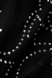 Black Fashion Sexy Patchwork Hot Drilling Tassel Backless Spaghetti Strap Irregular Dress
