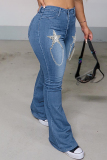 Baby Blue Fashion Casual Patchwork The stars Chains High Waist Skinny Denim Jeans