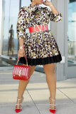 Black Fashion Casual Print Patchwork O Neck Long Sleeve Dresses (Without Belt)