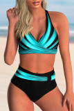 Blue Black Fashion Sexy Print Patchwork Backless Swimwears (With Paddings)