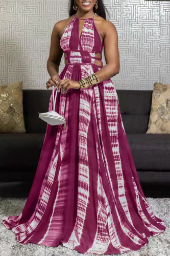 Burgundy Sexy Print Hollowed Out Patchwork Backless O Neck A Line Dresses