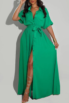 Green Casual Solid Patchwork Buckle Turndown Collar Straight Dresses