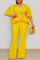 Yellow Fashion Casual Solid Hot Drilling Patchwork V Neck Half Sleeve Two Pieces
