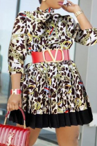Black Fashion Casual Print Patchwork O Neck Long Sleeve Dresses (Without Belt)