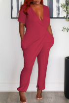 Rose Red Casual Solid Patchwork V Neck Straight Jumpsuits