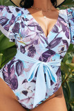 Multicolor Fashion Sexy Print Patchwork Backless V Neck Plus Size Swimwear (Without Paddings)