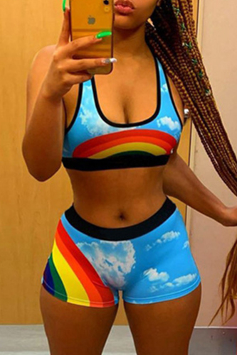 Multicolor Fashion Casual Sportswear Print Basic U Neck Sleeveless Two Pieces