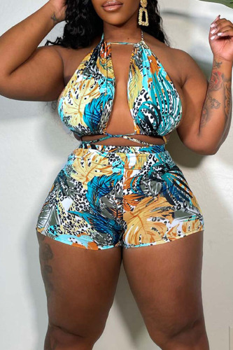Color Blue Sexy Print Bandage Patchwork Backless Halter Two Pieces