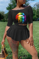 Black Casual Print Patchwork O Neck Half Sleeve Two Pieces