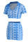 Blue Sexy Print Patchwork V Neck Short Sleeve Two Pieces