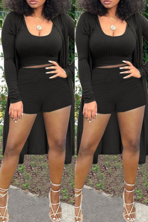 Black Fashion Casual Solid Patchwork O Neck Long Sleeve Two Pieces