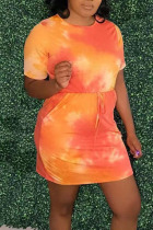 Tangerine Casual Print Tie Dye Bandage Patchwork O Neck Straight Dresses