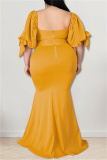 Yellow Fashion Sexy Plus Size Solid Backless Slit Square Collar Evening Dress