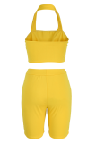 Yellow Casual Solid Patchwork Halter Sleeveless Two Pieces