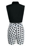 Black Street Print Hollowed Out Patchwork Half A Turtleneck Sleeveless Two Pieces
