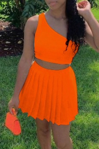 Tangerine Red Casual Solid Patchwork Fold Oblique Collar Sleeveless Two Pieces