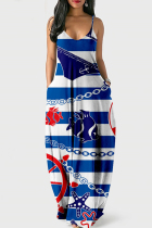 Blue White Fashion Sexy Print Backless Spaghetti Strap Long Dress