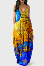 Orange Blue Fashion Sexy Print Backless Spaghetti Strap Long Dress
