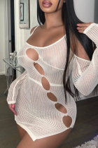 Cream White Fashion Sexy Solid Hollowed Out Backless Slit Off the Shoulder Long Sleeve Dresses