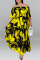 Black Yellow Fashion Casual Plus Size Print Patchwork Backless Off the Shoulder Long Dress
