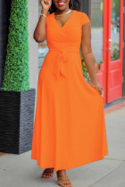 Orange Casual Solid Patchwork V Neck Straight Dresses