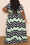 Green Casual Striped Print Patchwork Buckle Turndown Collar A Line Plus Size Dresses(Without Belt)