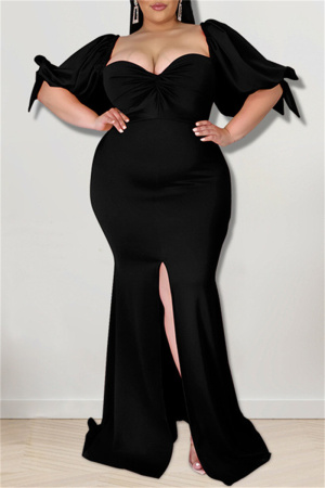 Black Fashion Sexy Plus Size Solid Backless Slit Square Collar Evening Dress